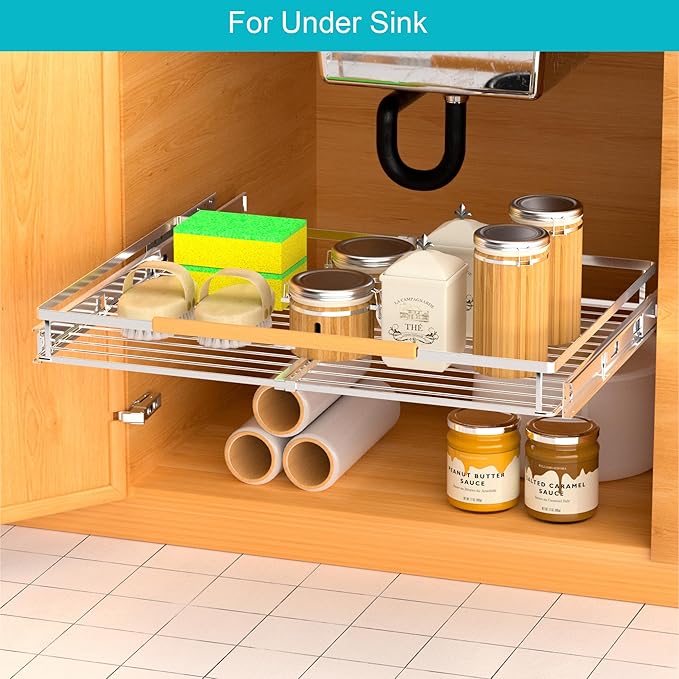 iPEGTOP Pull Out Cabinet Drawer Shelf Organizer, Extendable Sliding Slide Out Pantry Shelves Storage Heavy Duty for Kitchen Cabinets Under Sink, Adjustable Width 23.1~39.9" W x 22.5" D