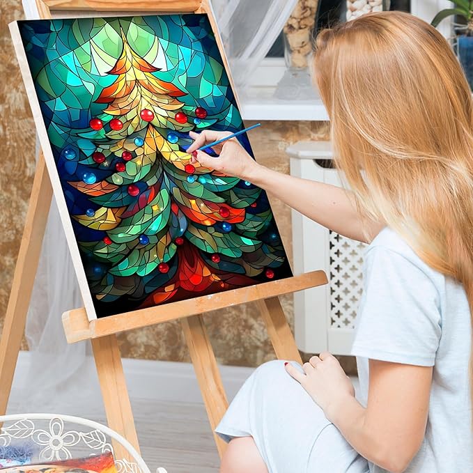Bowetile Christmas Paint by Numbers for Adults Beginners Framed, Adults' Paint-by-Number Christmas Tree Kits on Canvas, Acrylic Number Painting Christmas Gifts for Home Wall Decor, 8x12in