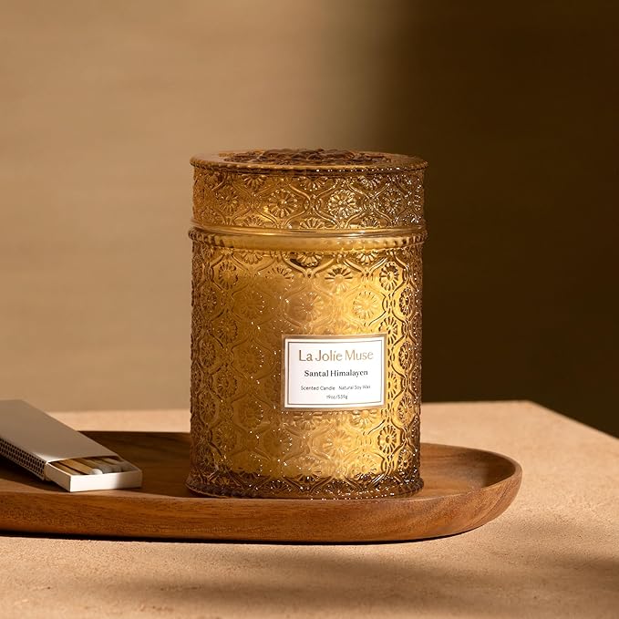 LA JOLIE MUSE Santal Himalayen Candle - Sandalwood, Fig & Amber |19 oz Large Wooden Wick Candle | Natural Soy Wax | 90 Hours Clean Burn | Gift-Ready for Hosts & Gatherings | Elegant Home Décor