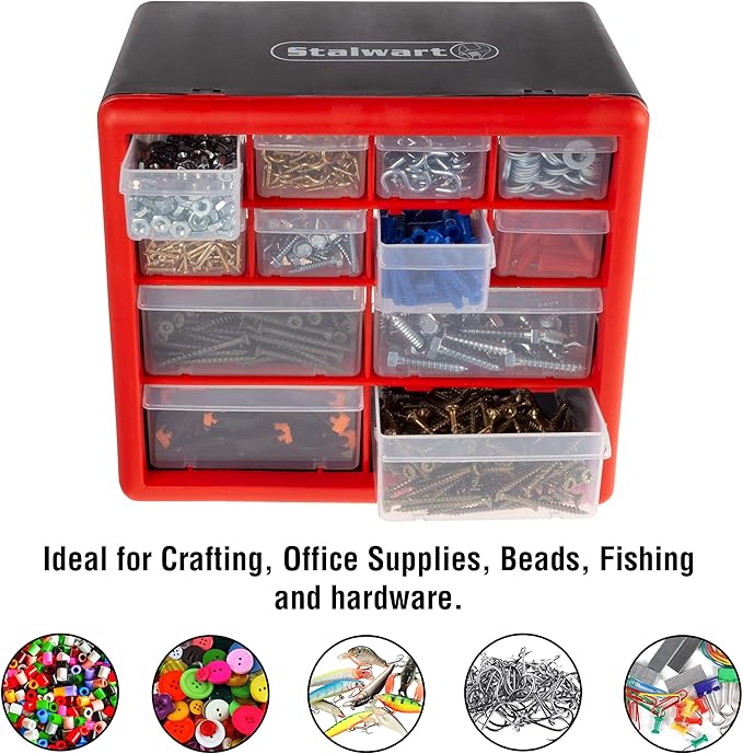 Stalwart - 75-ST6067 Storage Drawers-12 Compartment Organizer Desktop or Wall Mount Container- 4 Large and 8 Small Bins for Hardware, Beads, Jewelry, and More by