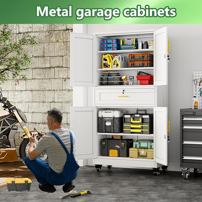 Metal Storage Cabinet with Wheels, 71" Tall Locking Storage Cabinet with 3 Adjustable Shelves, Locking Garage Cabinet, Steel Locker Organizer, for Office, Home, School, White