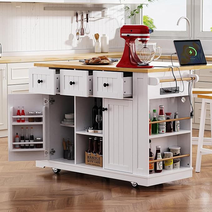 Kitchen Storage Island on Wheels with Drop Leaf & Power Outlet, Rolling Kitchen Island Cart with Open Side Racks, Door Shelves and Towel Bar, 53-Inch, White