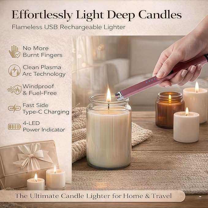 Castelar Candle Lighter, Electric Lighter Windproof Flameless with Safety Switch, USB Rechargeable Lighters for Candle, Grill, BBQ, Camping, Birthday & Stocking Stuffers (Rose Gold)