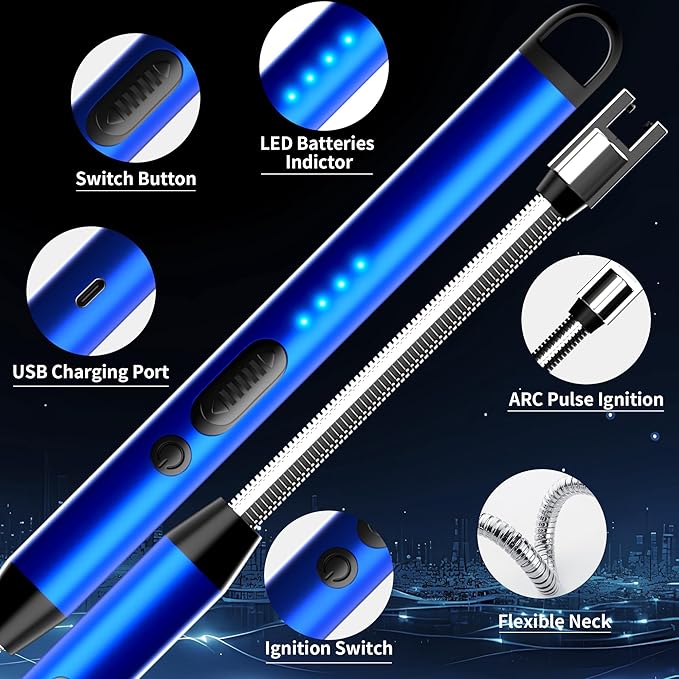2-Pack Rechargeable Electric Candle Lighters, Flameless Windproof Long Lighter with 360° Flexible Neck and LED Display for Candles, Camping, BBQ & Fireplace (Blue)