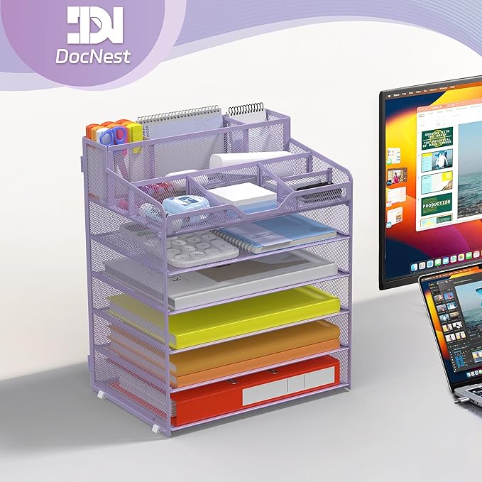 Docnest 6 Tier Mesh Desk Organizer for Paper Office Supplies – Multi-Functional Letter Tray with 5 Adjustable Compartments, 5 Pen Holders, Desktop Storage for Files, Mail, Stationery – Purple