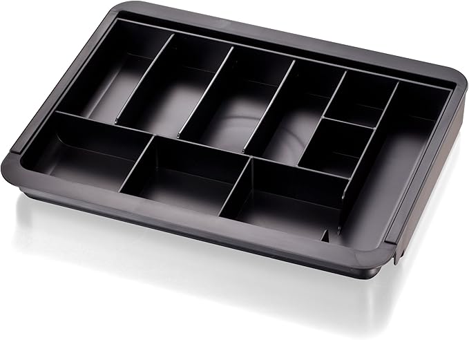 Officemate Expandable Drawer Organizer Tray, Adjustable 10.3"–16" Width, Customizable Compartments with Dividers, Recycled Plastic, Black