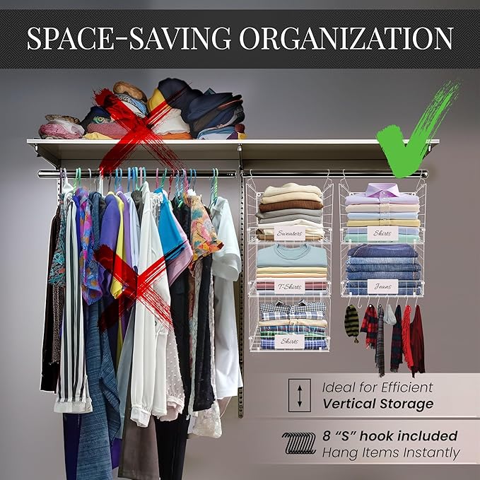 DECOLURE 5-Tier Adjustable Hanging Closet Organizer – Maximize Hanging Storage w/ 4 Hanging Hooks, 8 S Hooks & 5 Name Plates - Sturdy Foldable Wire Storage Hanging Shelves for Clothes, Towels (White)