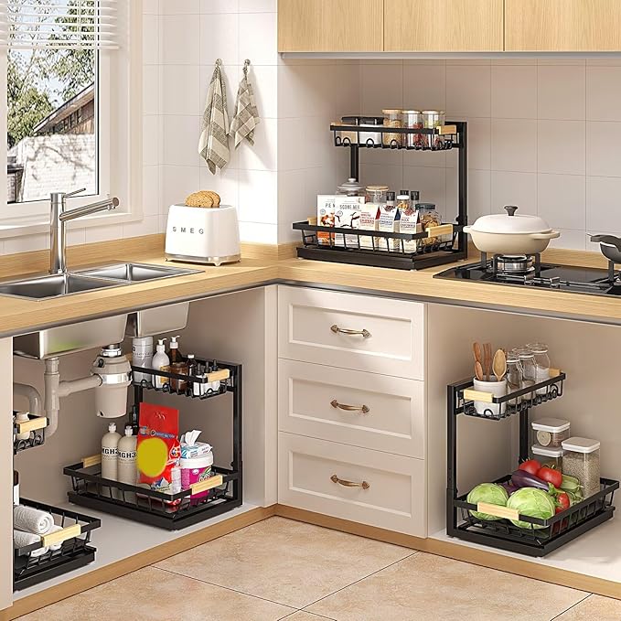 2 Packs Under Sink Organizer, Height Adjustable 2 Tier Under Kitchen Sink Organizer, Multi-Purpose Storage Shelf for Kitchen Bathroom Cabinet (Black, Extra Large)