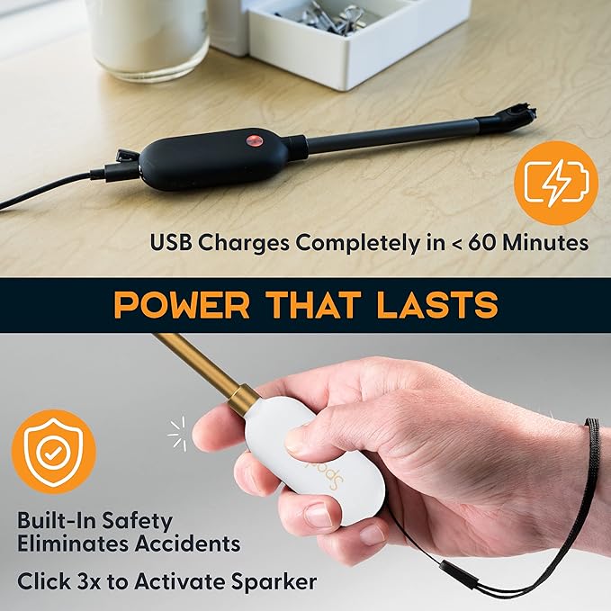 Power Practical Candle Lighter Sparkr USB Rechargeable Electric Lighter w/Plasma Technology & Extra Long Wand, Flameless Lighters for Candles, Camping, Cooking, Black