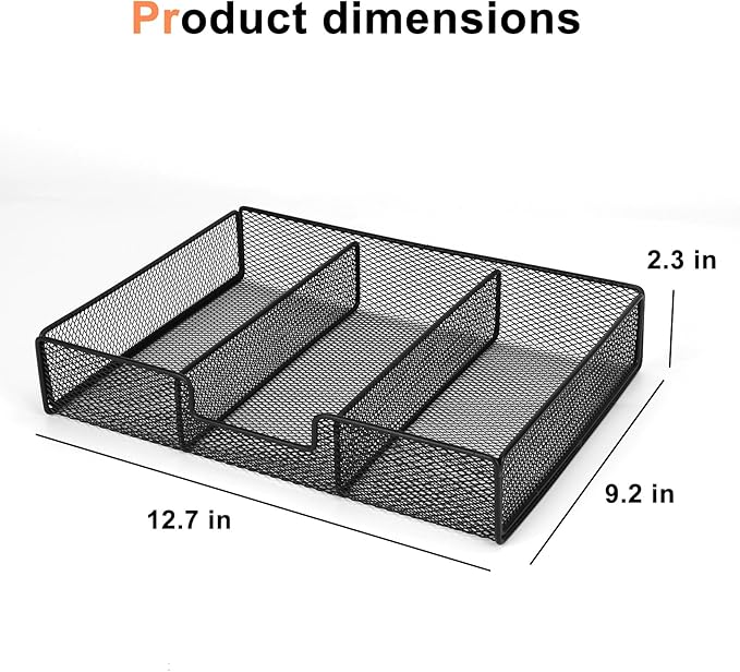 Desk Drawer Organizer Tray, Office Junk Drawer Organizer with 3 Compartments, Metal Mesh Dividers Pen Pencil Storage Box for Office Supplies Desk Accessories Workspace School Cosmetic Organization