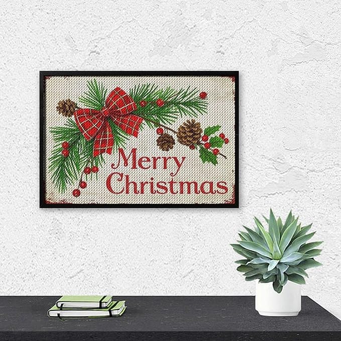AIVKIEJK Diamond Painting Kits for Adults - Merry Christmas Holly, Pine Cones & Red Plaid Bow Painting DIY 5D Full Drill Diamond Dots Paintings with Diamonds Gem Art and Crafts Home Decor 8"x12"