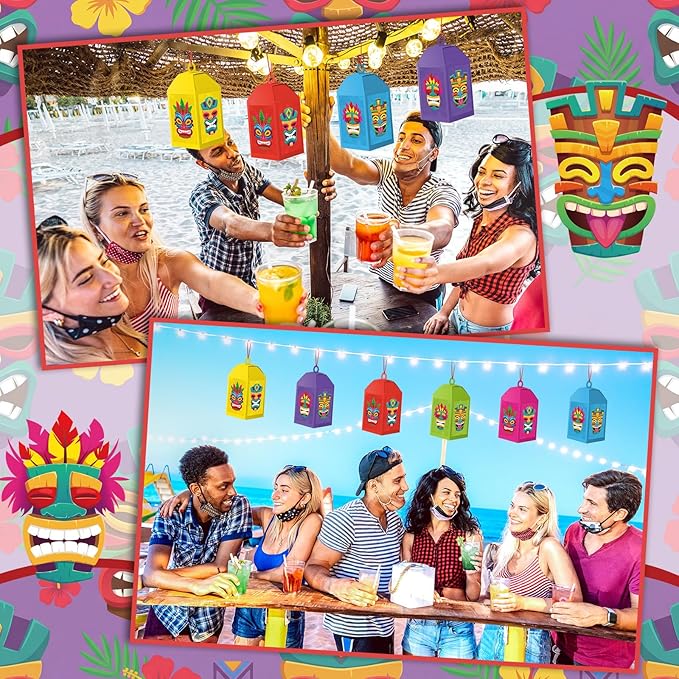 Simgoing 24 Sets Tiki Crafts with LED Candle Light Hawaii Party Decors Tiki Tissue Paper Crafts Kits DIY Your Own Tropical Totem Box Lanterns Hanging for Home Summer Luau Themed Art Party Decorations