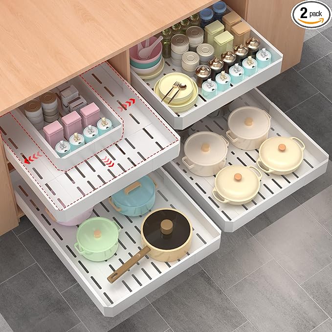 Pull out Cabinet Organizer 2 Pack,Adjustable Width (14"-19") and Depth (17"-24"),No Drill Slide out Drawers for Kitchen,Pantry,Adhesive Roll out Shelves,for Cabinets Without Lip,White