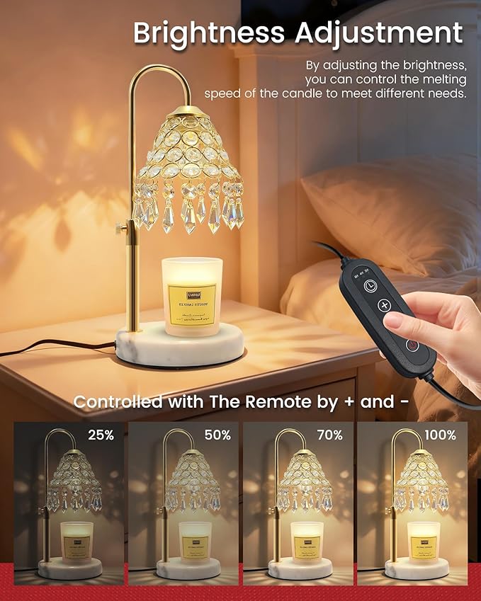 Crystal Candle Warmer Lamp with Timer and Dimmer - 2-in-1 Electric Wax Melt Burner & Dimmable Table Lamp, Adjustable Height Stand, White Marble Base, Birthday Gifts for Women, Elegant Home Decor