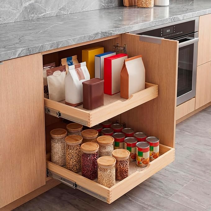 Sintuff 4 Pack Wooden Pull out Tray Cabinet Organizer Gentle Close Roll out Shelves for Kitchen Cabinets Fully Assembled Slide Pantry Shelves (18'' X 21'')