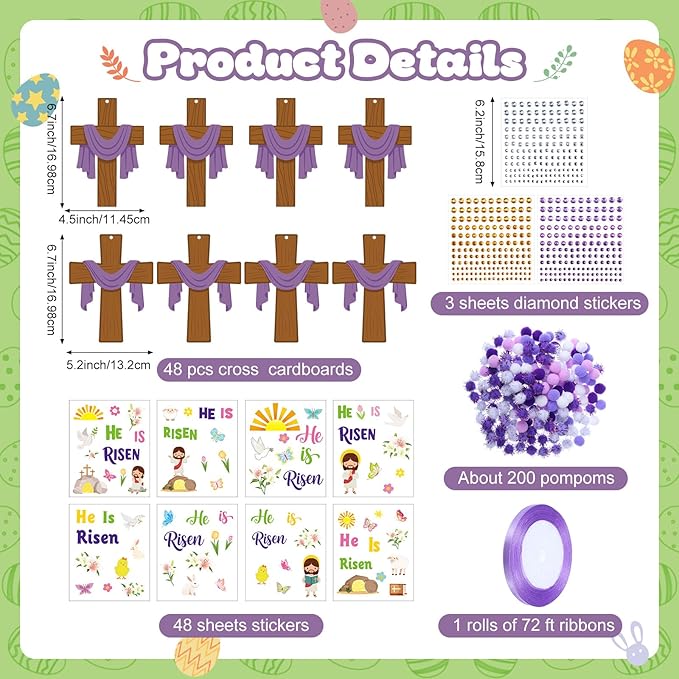 Funrous 48 Sets Easter Religious Crafts Bulk He is Risen Cross Paper Crafts DIY Easter Jesus Christian Hanging Ornaments Arts with Stickers Pompoms for Sunday School Vbs Classroom Spring Activities