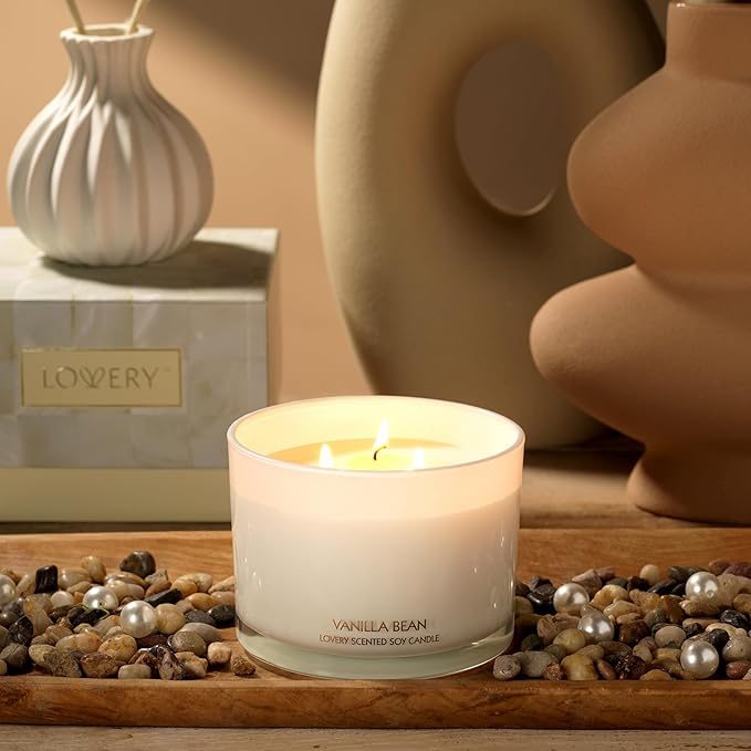 Luxury Vanilla Soy Candles, Large 3 Wick Jar Candle for Home Scented, Up to 50 Hours Burning Time, 100% Natural Soy Wax, Relaxing Aromatherapy Aesthetic Candle - Housewarming Gifts for Men & Women Set