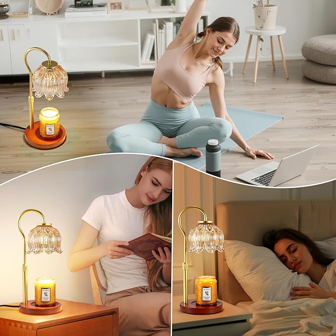 Dreamholder Electric Candle Warmer Lamp with Timer & Dimmer, Adjustable Height Wax Melt Warmer for Jar Candles, Wood Base Candle Melter, Floral Home Decor Gifts for Women, Walnut Gold