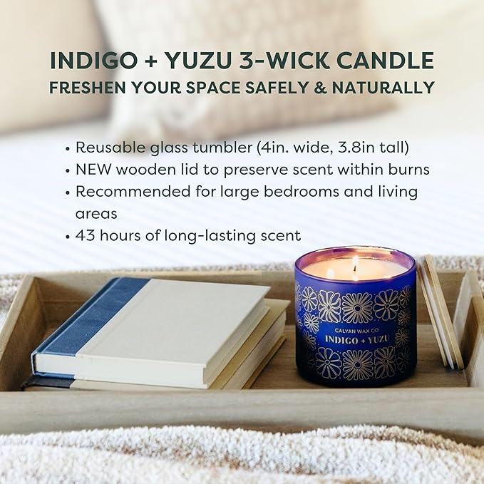 Calyan Wax Co. Indigo & Yuzu 3 Wick Scented Candle - 43 Hour Burn - Luxury 3 Wick Soy Candles - Non Toxic Soy Wax Candles - Long Lasting Large Glass Jar Candle for Home - 14.9oz