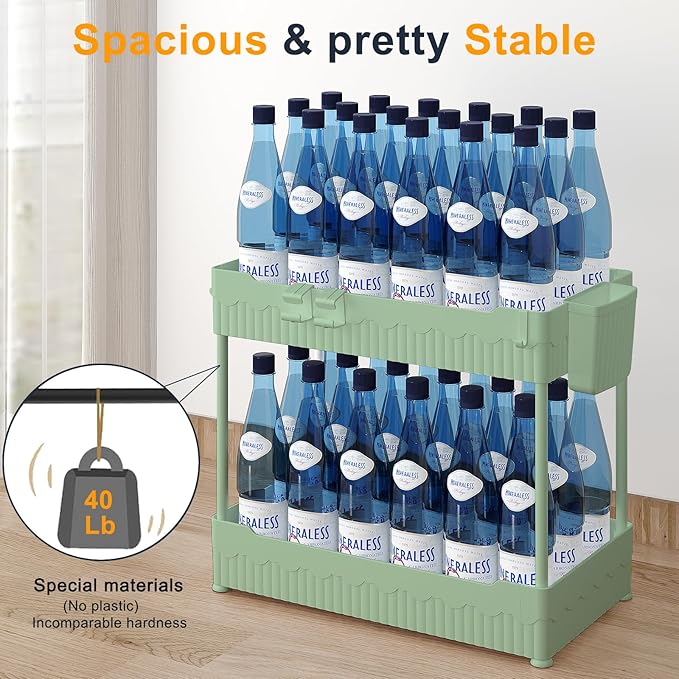 2 Pack Under Sink Organizer, Under Bathroom Cabinet Organizer with Hooks Hanging Cup, Multi-Purpose Storage Shelf for Kitchen Bathroom (Green, 14.8 Inch)