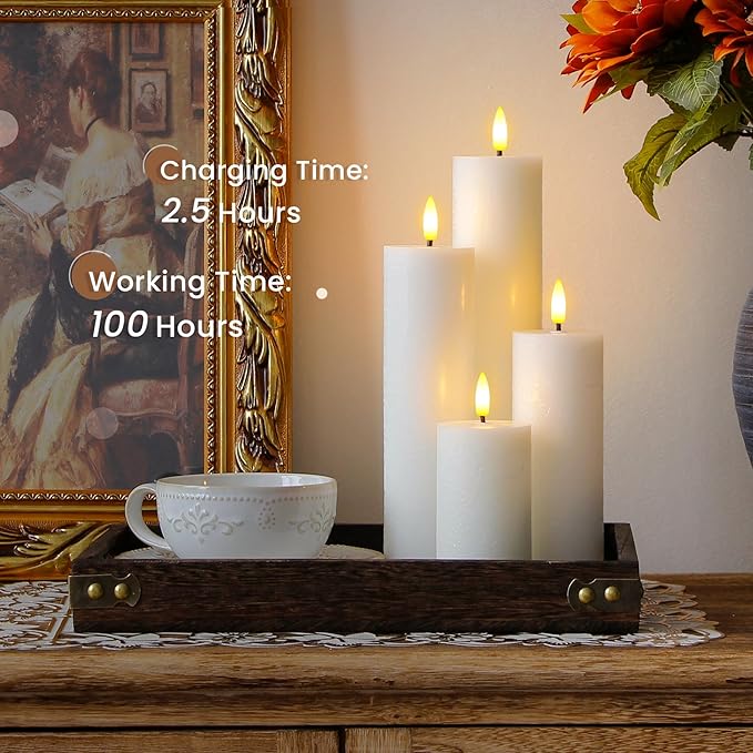 Rechargeable Flameless Flickering Tall Wax Remote 2.2" x4" 6" 8" 10" White Candles, Timer Set of 4 LED Battery Operated Fake Warm Light Pillar Candles(Included USB Charging Cable with 2 Ports)