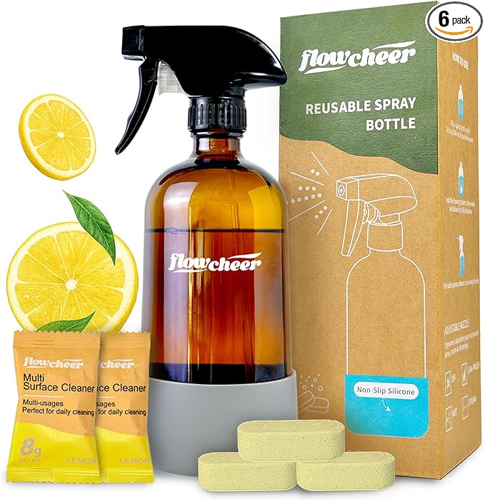 flowcheer Multi-Purpose Cleaner Starter Kit-Lemon Scent all purpose cleaner concentrate,cleaning tablets (6 Refill tablets) with Reusable Spray Bottle Multi-Surface Cleaner, 6x17fl oz