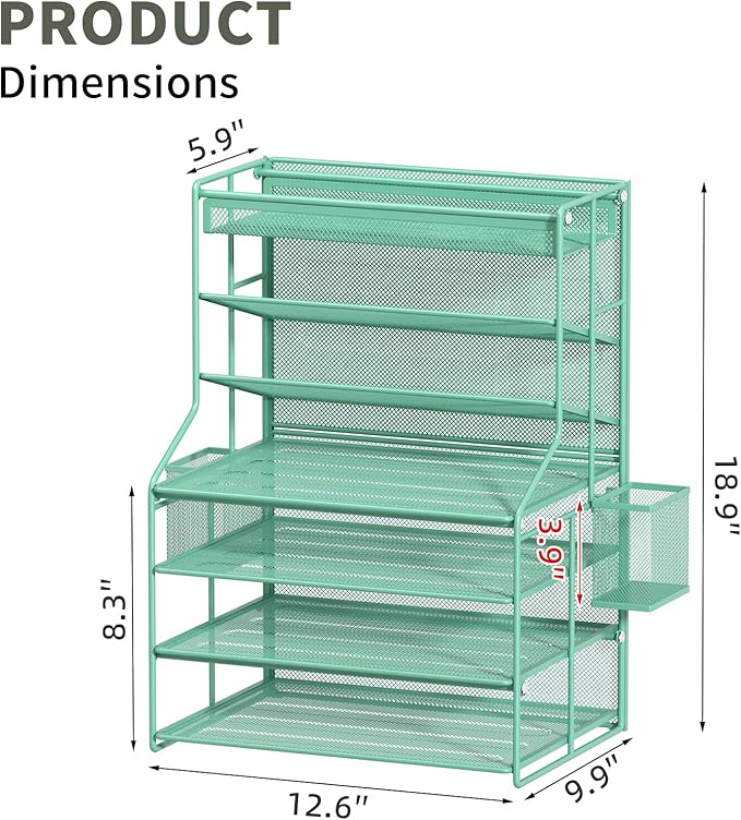 7 Tier Desk File Organizer,Metal Document Holder with Adjustable Shelves, Pull-Out Drawer & Removable Pen Holder for Office Organization,Green