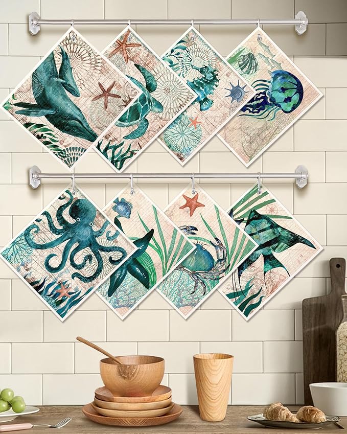 Miss Adola 8 Pack Reusable Kitchen Swedish Dishcloths for Washing Dishes Absorbent Fast Drying Cleaning Sponge Cloths Cute Design Decorate Washable Swedish Towels, Blue Sea
