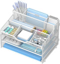 3 Tier Mesh Desk Organizer,Multi Functional Letter Paper Tray with 3 Pen Holders and 5 Adjustable Storage Compartments for Office Supplies Files and Mail Space Saving Desktop Organizer-White