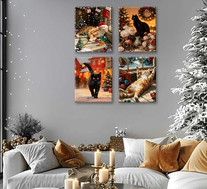 Paint by Number Kit for Adults & Kids, 4 Pack Christmas Cat Scenes 12x16Inch Framed