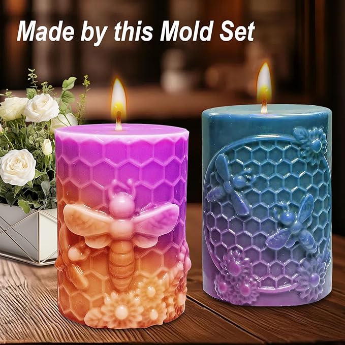 Honeycomb Bee Candle Silicone Molds 2PCS with Flowers Design, White Resin Cylindrical Mould Set, Soap Wax Beeswax Epoxy Casting Clay Mold-Kit, 2 Pack