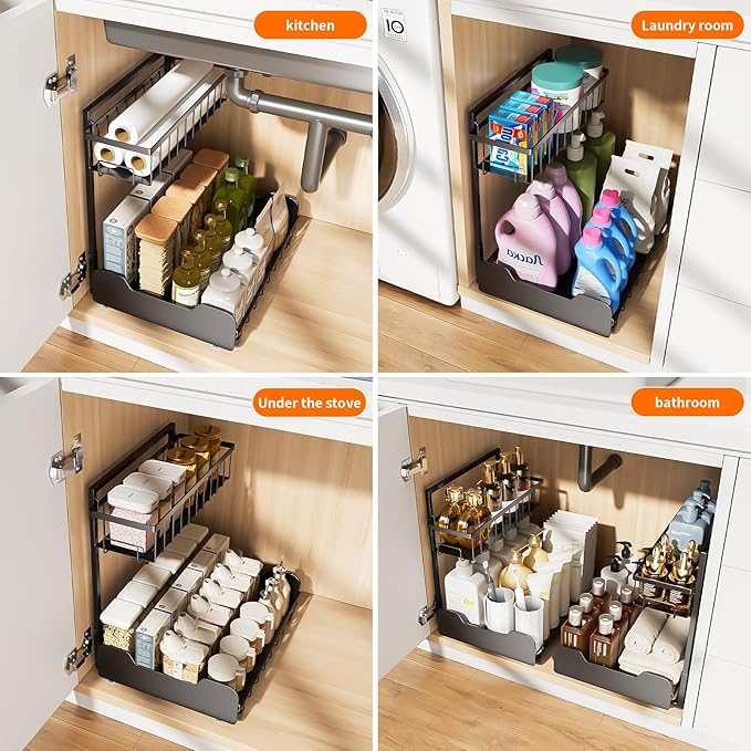 PureBox Under Sink Organizer, 2-Tier L-Shaped Pull Out Cabinet Shelf with 2 Installation Methods, Adjustable Sliding Storage Drawer for Kitchen, Bathroom, Laundry, Metal, Black, 2-Pack