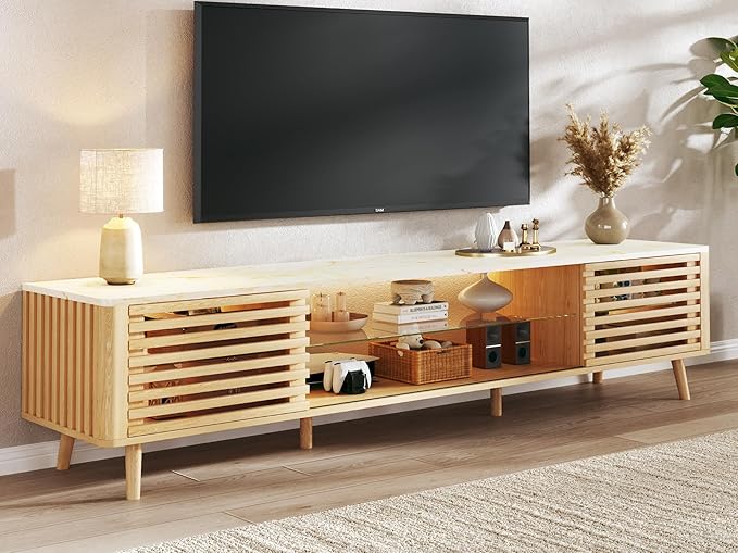 HUAHUU 70" TV Stand for 55/65/75 Inch TV, Faux Marble Top Entertainment Center with Slatied Sliding Door & LED Lights, Mid Century Modern Style, Low TV Console with Glass Shelves for Bedroom