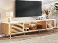 HUAHUU 70" TV Stand for 55/65/75 Inch TV, Faux Marble Top Entertainment Center with Slatied Sliding Door & LED Lights, Mid Century Modern Style, Low TV Console with Glass Shelves for Bedroom