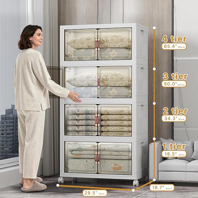 Stackable Storage Bins with Lids, 640QT Closet Organizers and Storage with Doors and Wheels, Extra Large Storage Cabinet, Collapsible Plastic Drawers for Bedroom Dorm Office