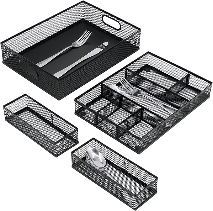 Neudeco Desk Drawer Organizer with 6 Adjustable Dividers, Metal Mesh Pen Organizer for Desk Drawer, Office Supplies Tray (Pack of 4, Black)