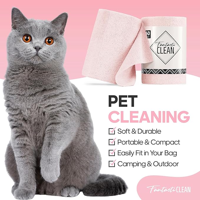 Fantasticlean Microfiber Cleaning Cloth Roll 2 Rolls 120 Pack, Tear Away Paperless Towels, 8" x 8", Reusable Washable Rags, House Kitchen, Pet, Office, Indoor Outdoor, Portable (Pink and Off-White)