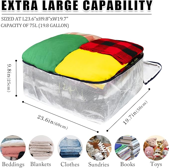 Ineetatu Clear Storage Bags with Zipper, 75L Extra Large Capacity - Closet, Underbed Storage Organizer for Clothes, Bedding, Comforter, Toys, Pillow & Blanket, 3 Pack
