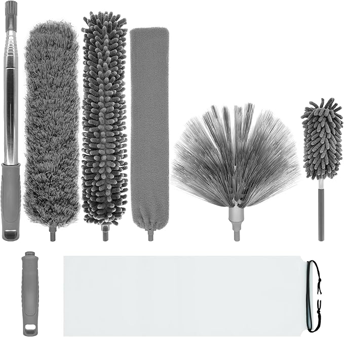 Microfiber Duster with Telescoping Extension Pole(30-100 Inches) Kit, 4 Cleaning Head and 1 Mini-Duster. Reusable, Bendable, Washable Feather Dusters for Cleaning Fans Cobwebs Ceilings Blinds
