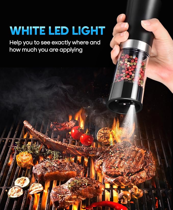 Gravity Electric Salt and Pepper Grinder Set, USB-C Rechargeable Salt and Pepper Mill with 100ml Larger Capacity, White Light, One Hand Automatic Operation, Black, 2Pack