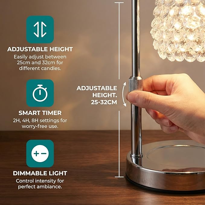 Candle Warmer Lamp with Timer & Dimmer, Adjustable Height Candle Lamp, Hand-Embedded Glass Crystal Lampshade, Valentine’s Day Gifts for Women/Mom, Wax Warmer for Home Decor (Silver)
