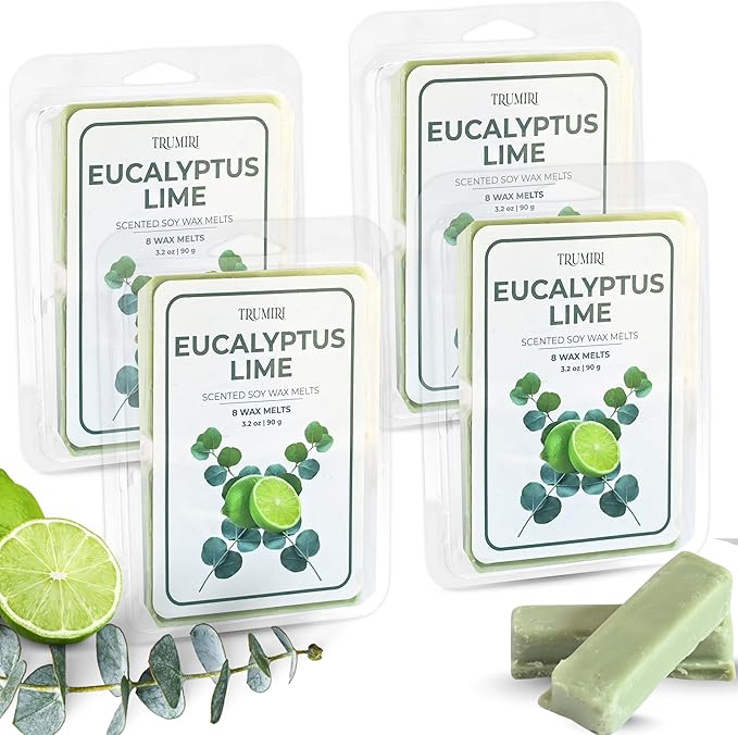 TRUMIRI Eucalyptus Lime Scented Wax Melts - Made with Non Toxic Soy Wax and Essential Oils - Long Lasting Strong Scent Pet Safe Aromatherapy Candle Wax Cubes Tarts for Warmers Pack of 4