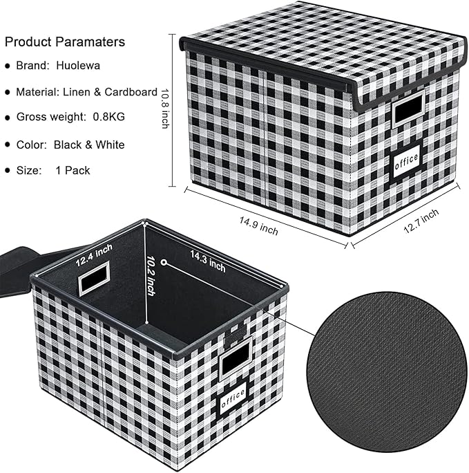 Huolewa File Organizer Box with Lid, Collapsible File Folder Organizer for Office Document Storage, Filing Box with Plastic Slide for Letter Size Hanging File Folders(1 Pack, Black & White Lattice)