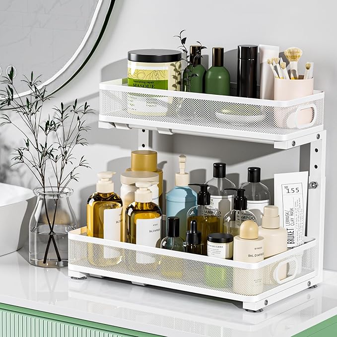 Under Sink Organizer, High Adjustable 2 Tier Under Sink Organizers and Storage, Slide out Metal Cabinet Organizers, Pull out Storage Drawer Shelf for Kitchen Bathroom Cabinet (1, White)