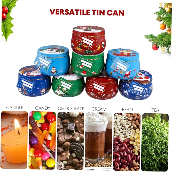 Christmas Cookie Tins for Gift Giving, 8PCS Christmas Tins Can with Lids, Holiday Cookie Containers Candle Jars with 8PCS Tags for Candy Spices Tea DIY Baking Candles Party Favors Storage