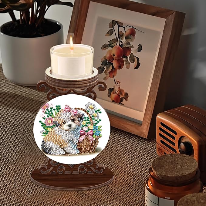 Diamond Art Painting Candlestick Holder kits, Puppy DIY shaped crystal Diamond partial art painting, woodiness Candle holder for AromaRelax & Home Decor, Christmas Halloween Ornaments (Double-Sided)
