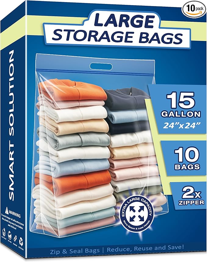 15 Gallon Large Resealable Storage Bags with Zipper Top，24" x 24" Heavy Duty Clear Bags with Handles, 4 Mil Thick, Perfect for Clothing, Pillows, Travel, and Moving (10 Packs)