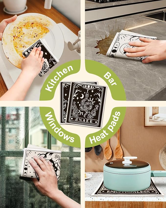 Miss Adola 8 Pack Reusable Kitchen Dishcloths - Absorbent, Fast Drying, Washable Swedish Towels with Cute Black Skull Design