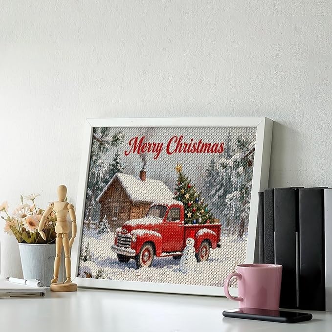 AIVKIEJK Diamond Painting Kits for Adults - Christmas Red Truck with Snowman, Snowy Cabin & Tree Painting DIY 5D Full Drill Diamond Dots Paintings with Diamonds Gem Art and Crafts Home Decor 16"x20"