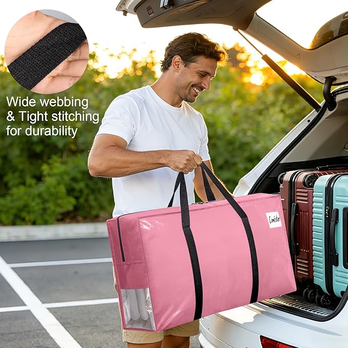 3Pcs Extra Large Heavy Duty Moving Bags with Reinforced Zippers & Handles, 67L Waterproof Storage Tote Bag Bins Alternative to Box Moving Supplies Space Saving for Travel College Dorm Essentials Pink